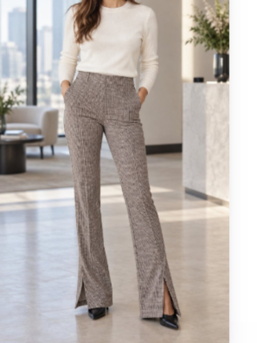 Women comfortable Checked Split-Hem Flared Trousers